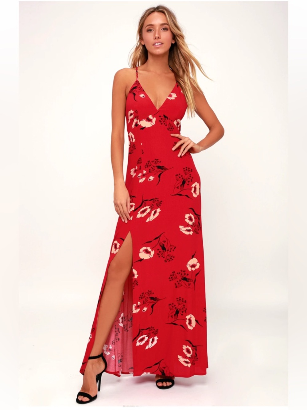 Lulu's Red Floral V-Neck Slit Maxi Dress